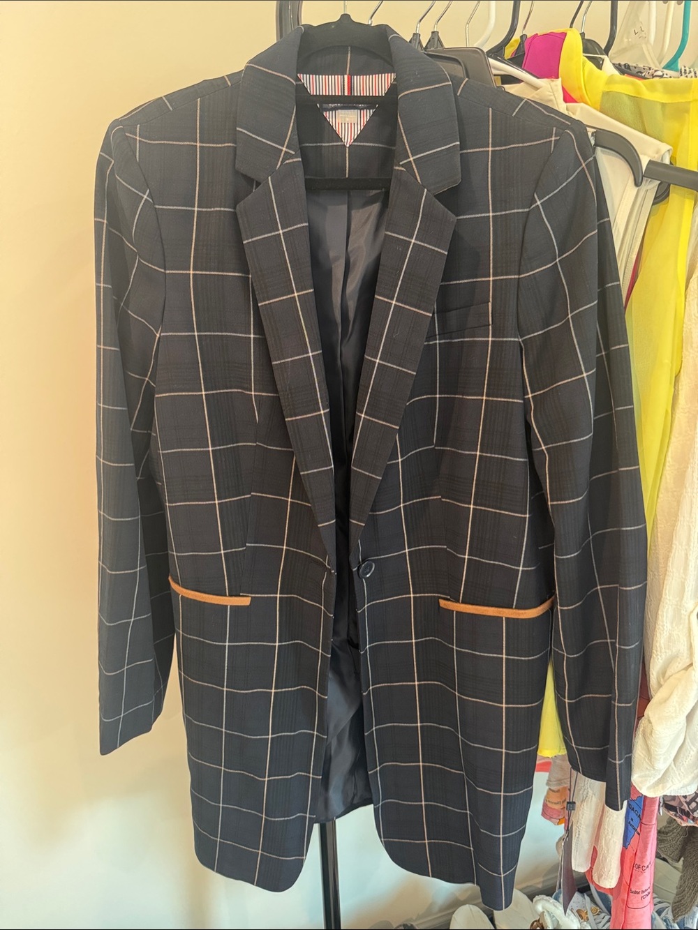 NWT- Dark Navy Blue window pane Blazer with Tan Trim - Women’s Suit Jacket